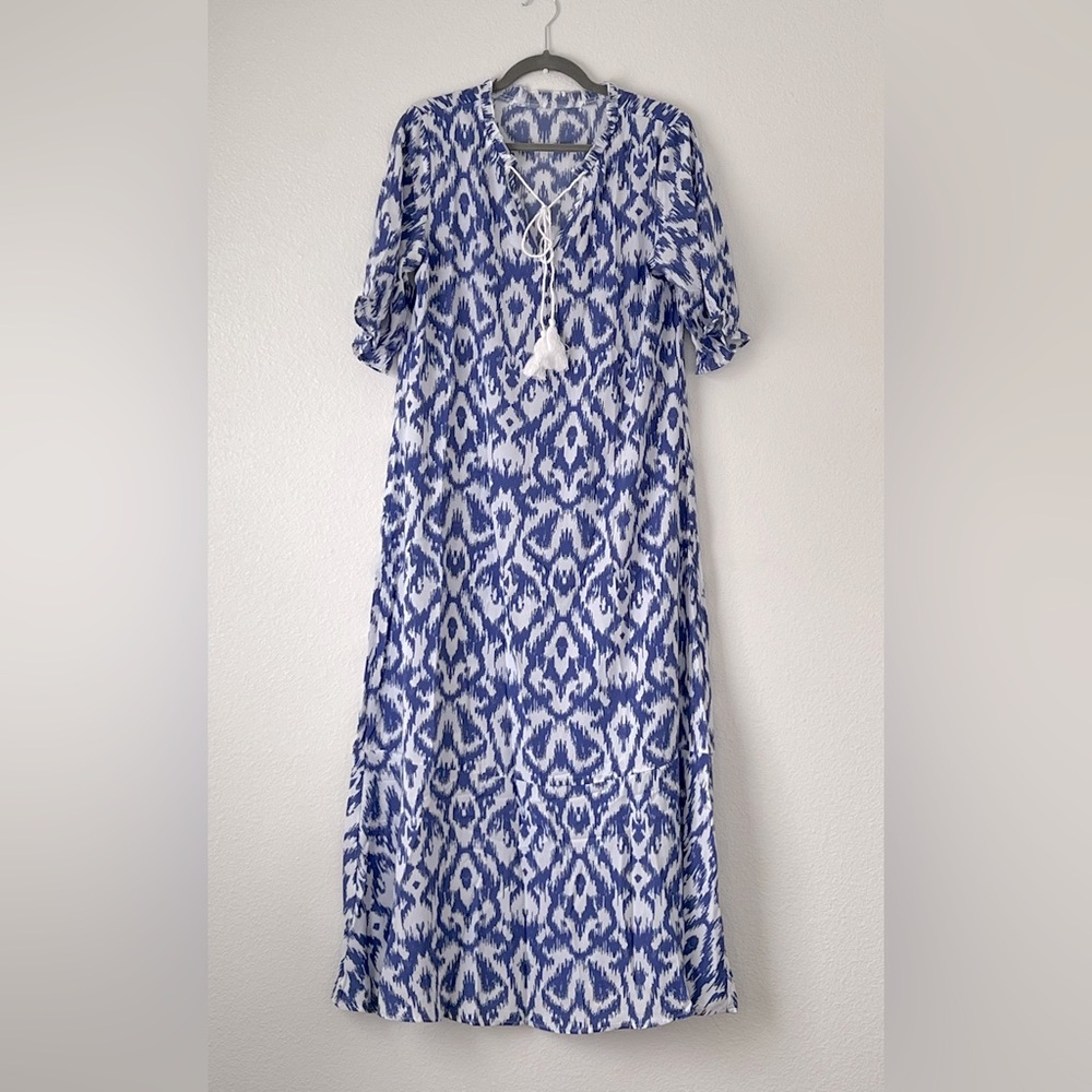 Blue and White Ikat Maxi Dress with Tassel Tie
